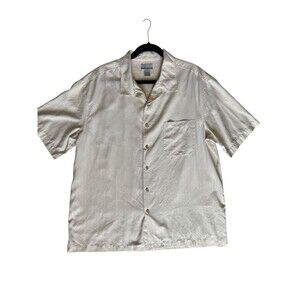 Breakwater Mens Silk‎ Camp Shirt Size L Ivory Short Sleeve Coconut Buttons Beach